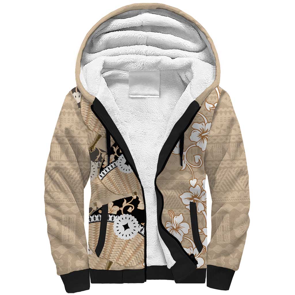 Bula Fiji Iri Buli Sherpa Hoodie Woven Fan With Fijian Tapa LT14 Unisex Beige - Polynesian Pride
