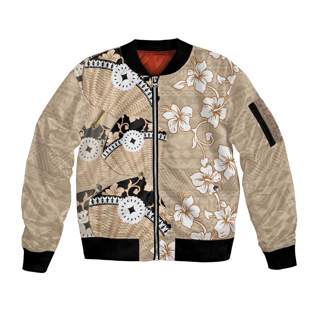Bula Fiji Iri Buli Sleeve Zip Bomber Jacket Woven Fan With Fijian Tapa LT14 Unisex Beige - Polynesian Pride