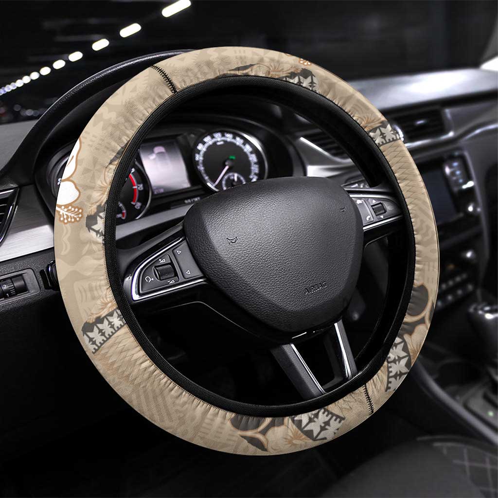 Bula Fiji Iri Buli Steering Wheel Cover Woven Fan With Fijian Tapa LT14 Universal Fit Beige - Polynesian Pride