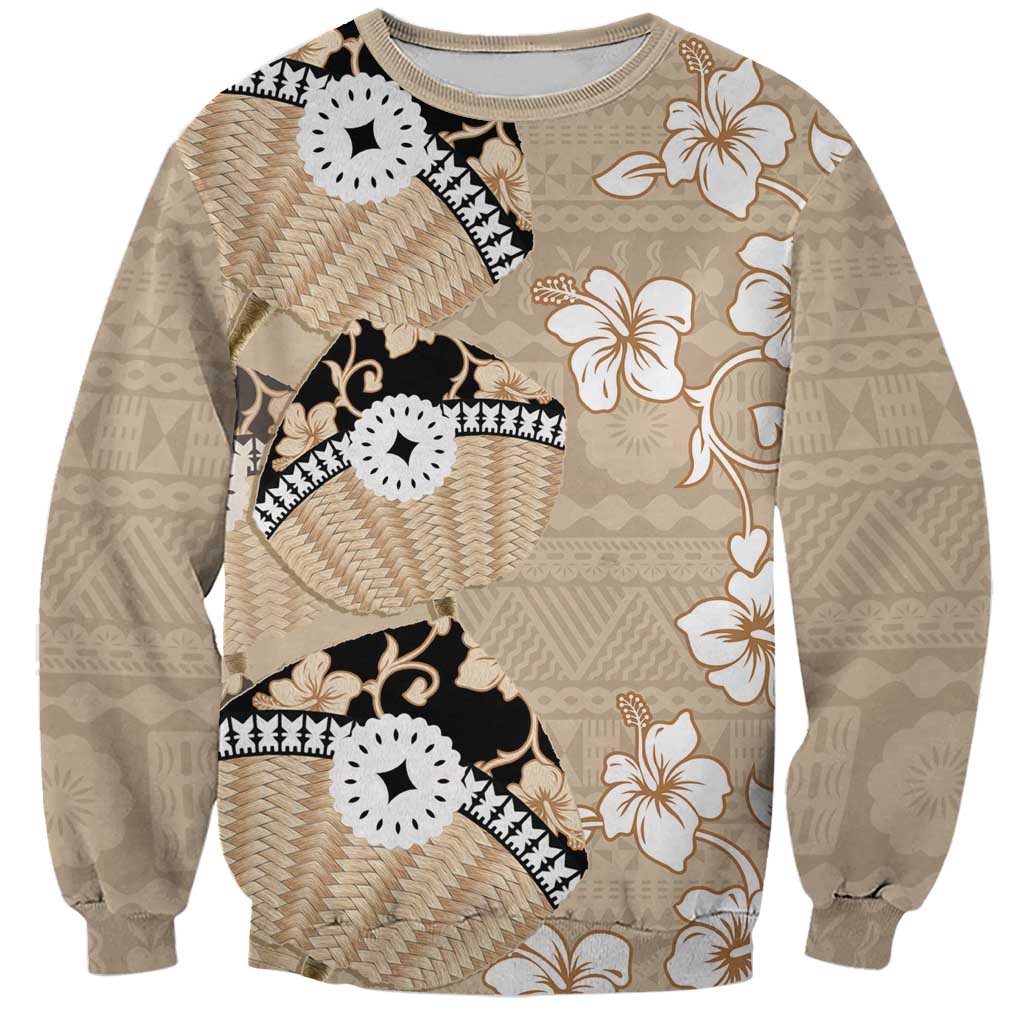Bula Fiji Iri Buli Sweatshirt Woven Fan With Fijian Tapa LT14 Unisex Beige - Polynesian Pride