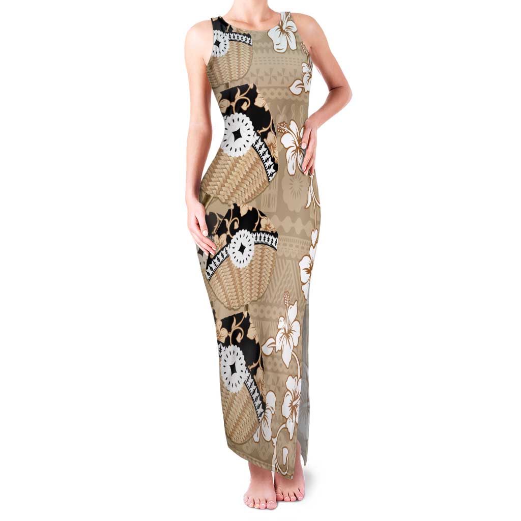 Bula Fiji Iri Buli Tank Maxi Dress Woven Fan With Fijian Tapa LT14 Women Beige - Polynesian Pride