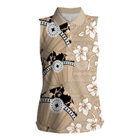 Bula Fiji Iri Buli Women Sleeveless Polo Shirt Woven Fan With Fijian Tapa LT14 Female Beige - Polynesian Pride