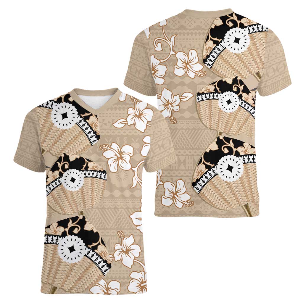 Bula Fiji Iri Buli Women V-Neck T-Shirt Woven Fan With Fijian Tapa LT14 - Polynesian Pride