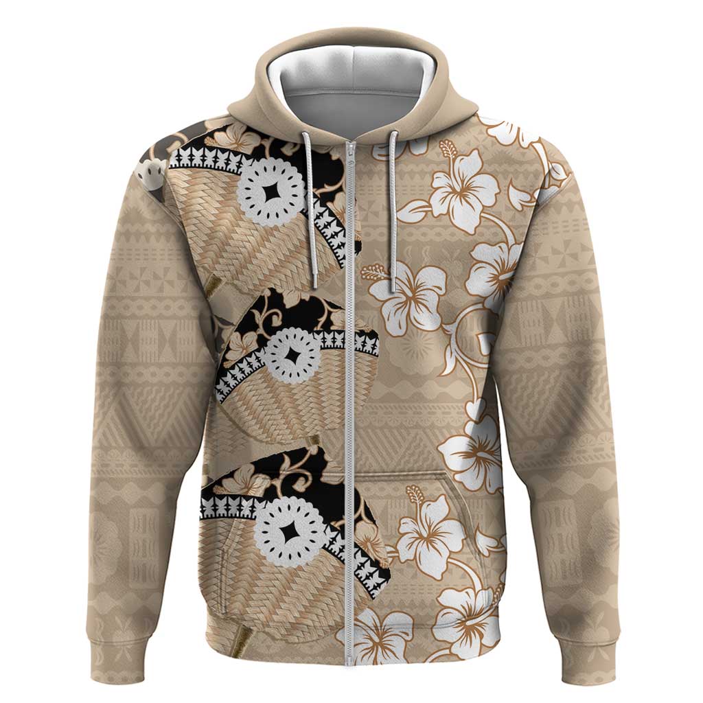 Bula Fiji Iri Buli Zip Hoodie Woven Fan With Fijian Tapa LT14 Zip Hoodie Beige - Polynesian Pride