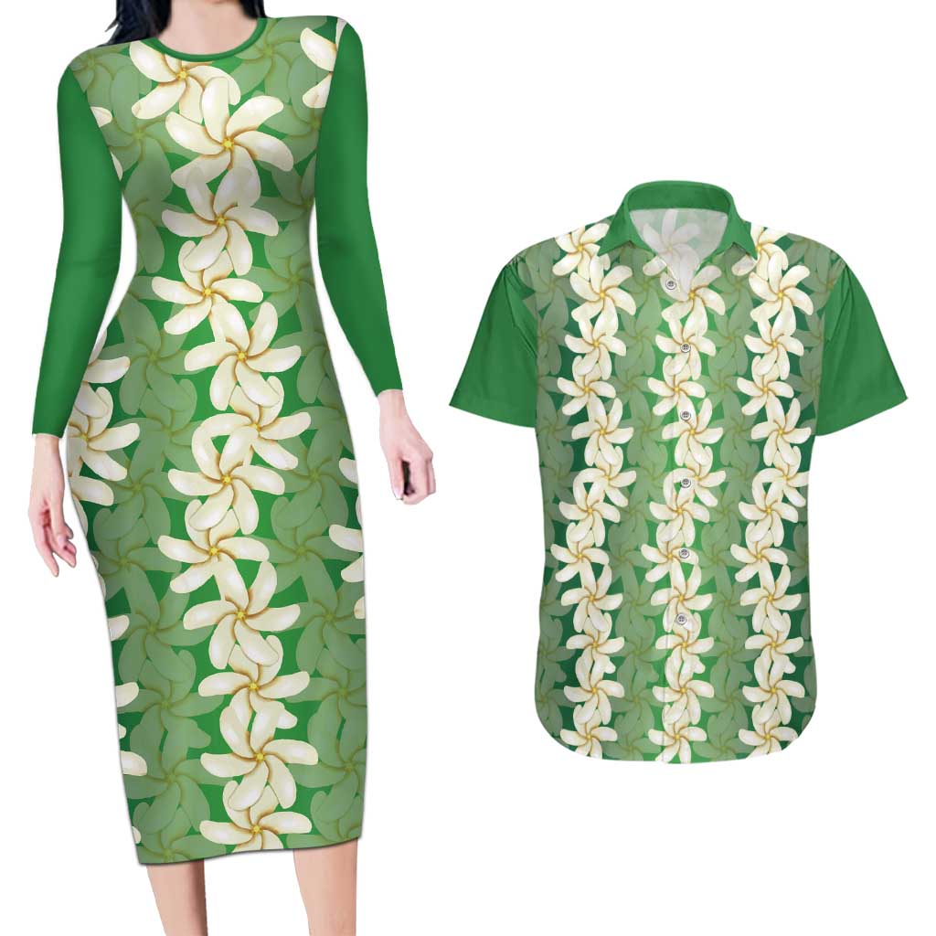 Ia Orana Tahiti Tiare Maori Seamless Style Couples Matching Long Sleeve Bodycon Dress and Hawaiian Shirt LT14 Green - Polynesian Pride