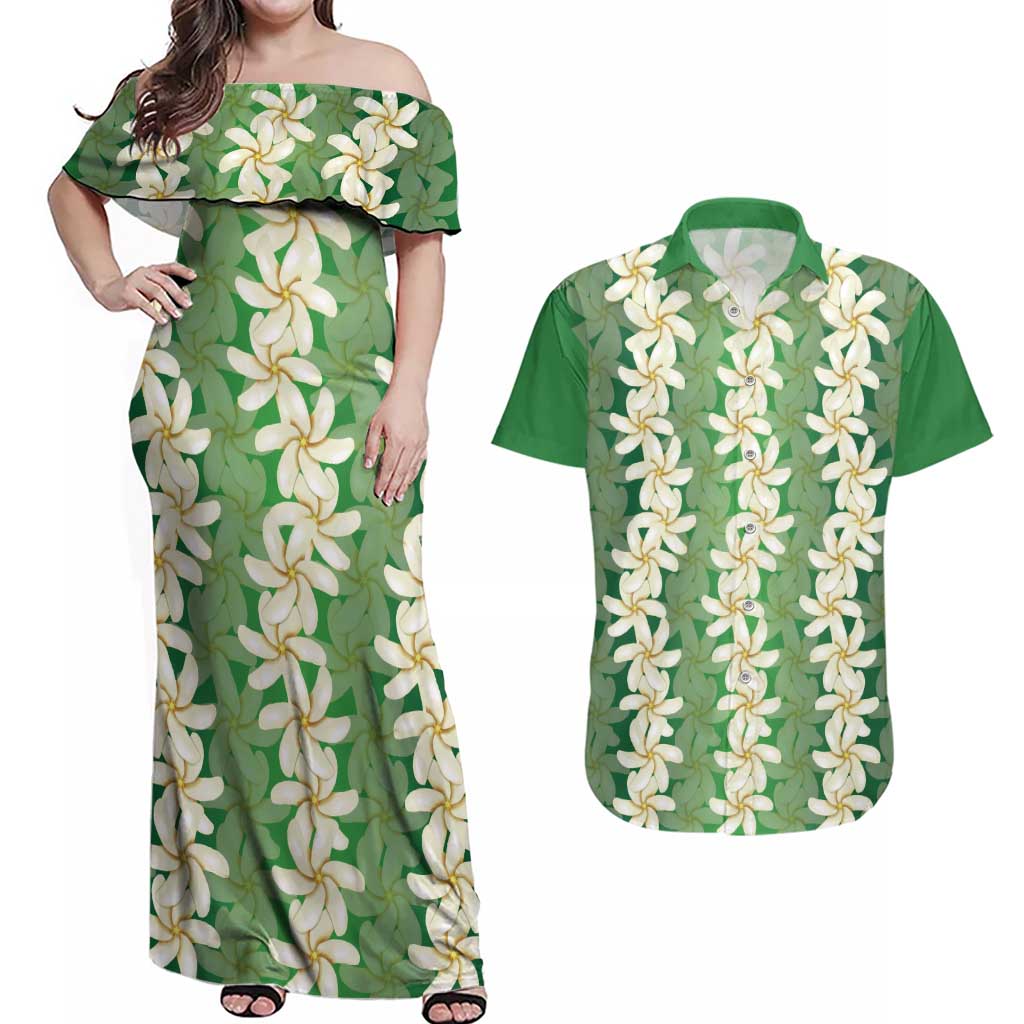Ia Orana Tahiti Tiare Maori Seamless Style Couples Matching Off Shoulder Maxi Dress and Hawaiian Shirt LT14 Green - Polynesian Pride