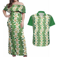 Ia Orana Tahiti Tiare Maori Seamless Style Couples Matching Off Shoulder Maxi Dress and Hawaiian Shirt LT14 Green - Polynesian Pride