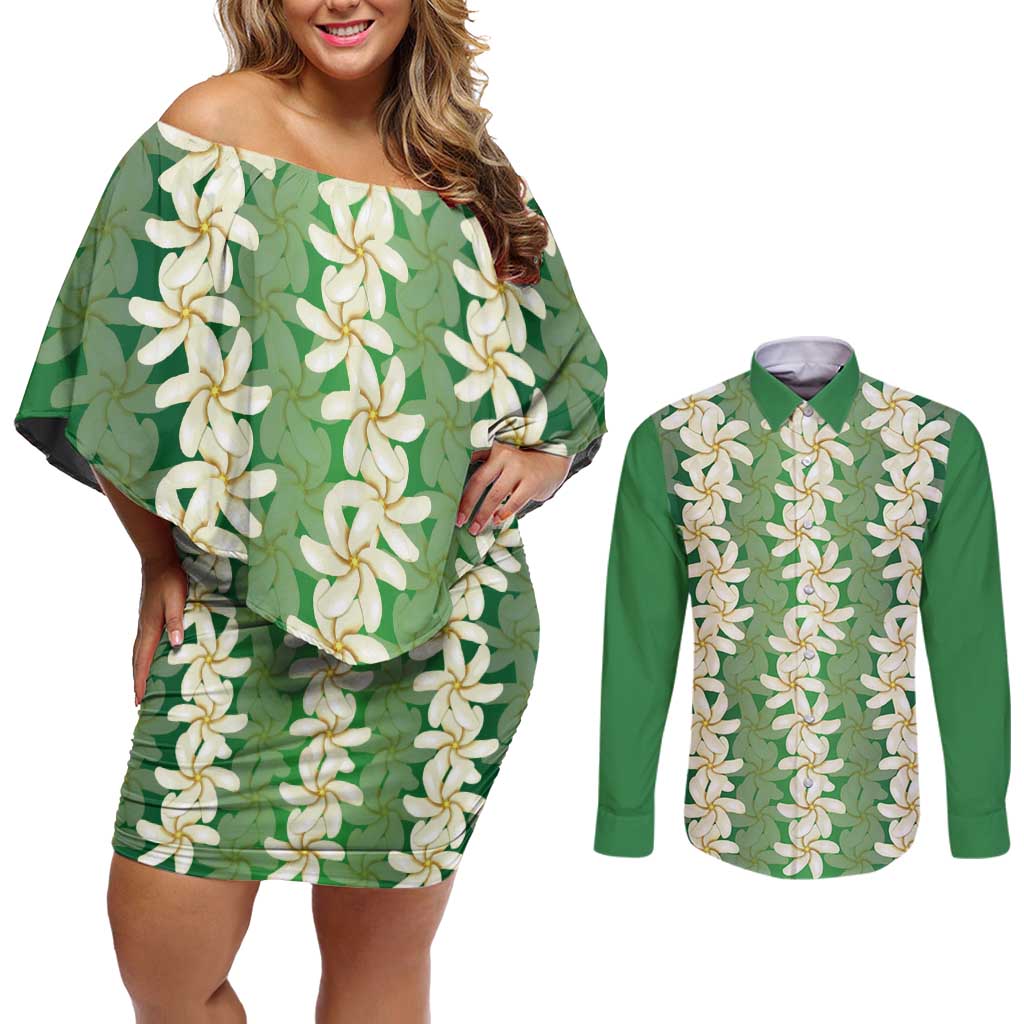 Ia Orana Tahiti Tiare Maori Seamless Style Couples Matching Off Shoulder Short Dress and Long Sleeve Button Shirt LT14 Green - Polynesian Pride