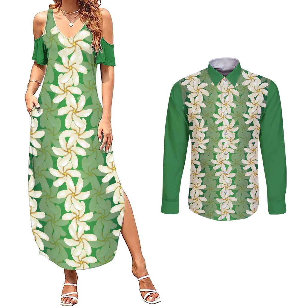 Ia Orana Tahiti Tiare Maori Seamless Style Couples Matching Summer Maxi Dress and Long Sleeve Button Shirt LT14 Green - Polynesian Pride
