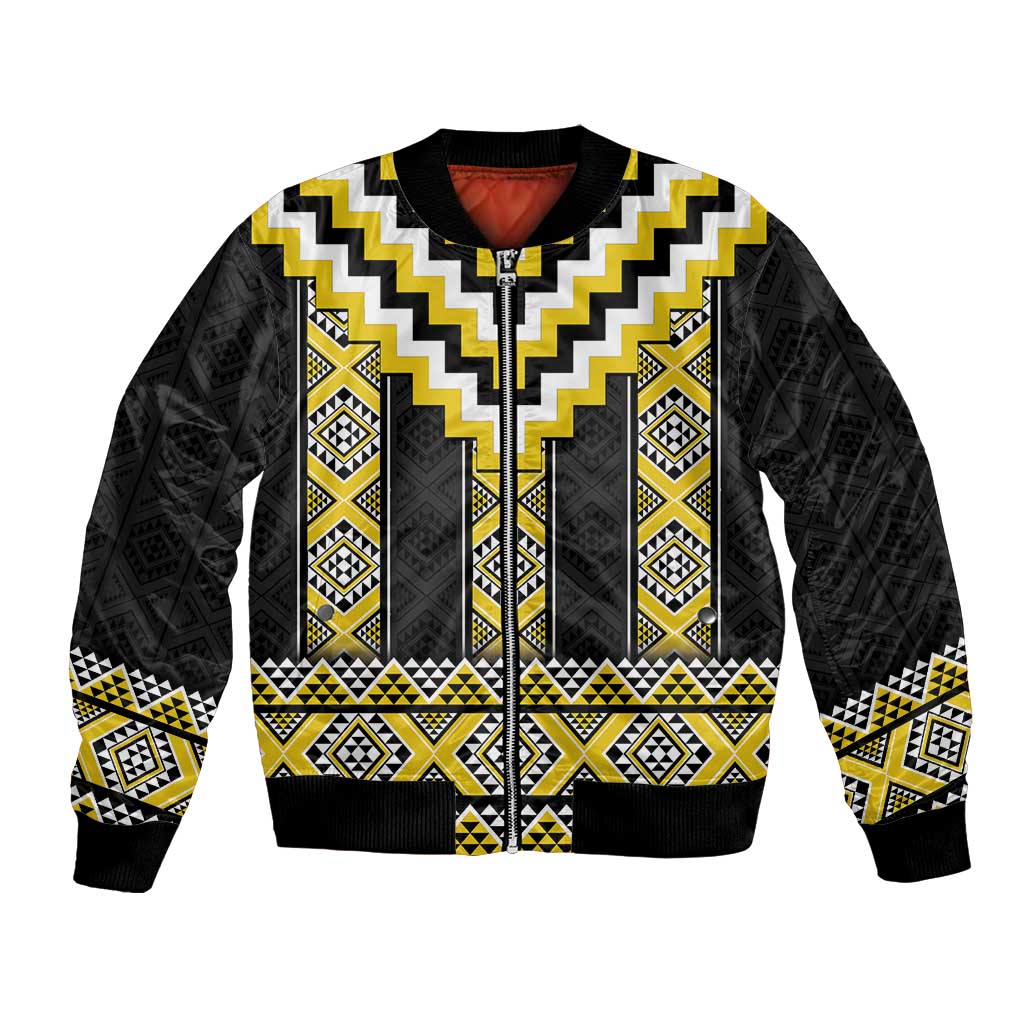 Yellow Taniko Aotearoa Bomber Jacket Niho Taniwha Mix Poutama LT14 Unisex Yellow - Polynesian Pride