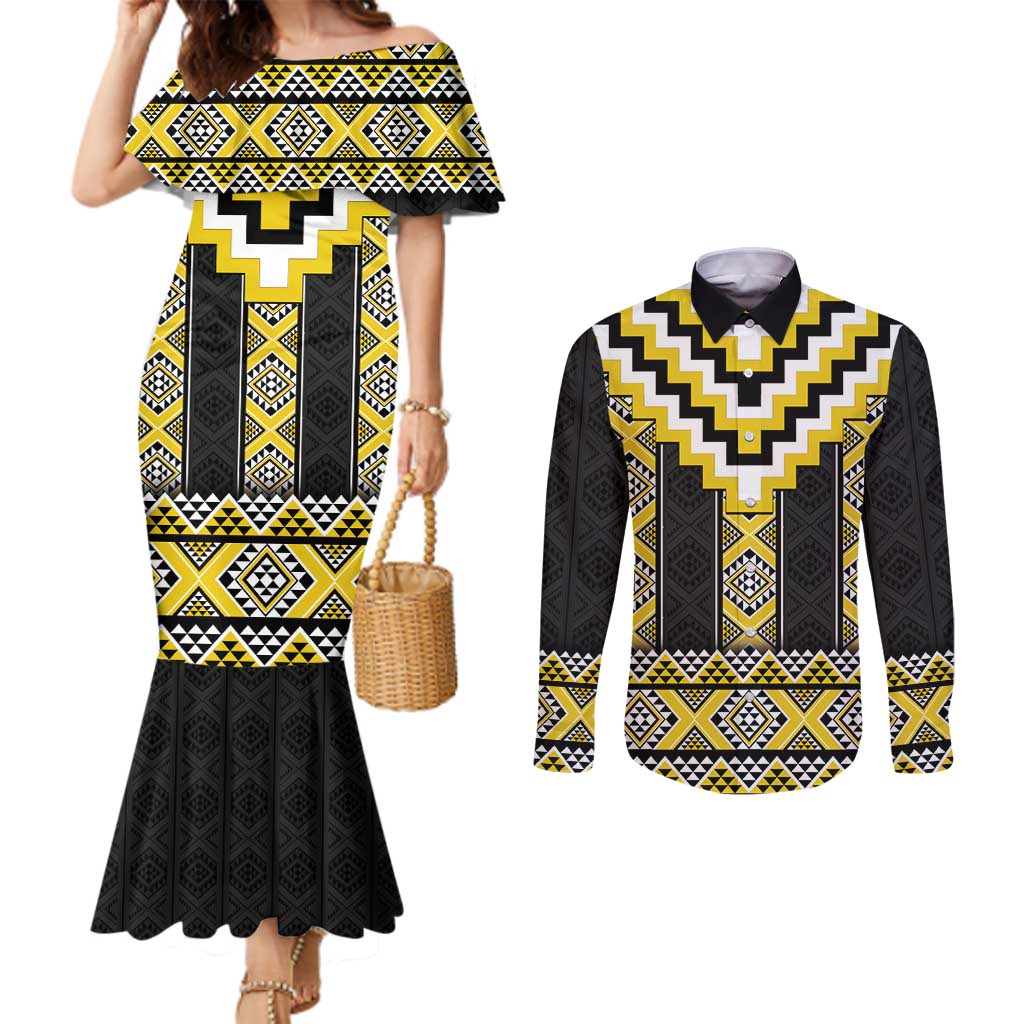 Yellow Taniko Aotearoa Couples Matching Mermaid Dress and Long Sleeve Button Shirt Niho Taniwha Mix Poutama LT14 Yellow - Polynesian Pride