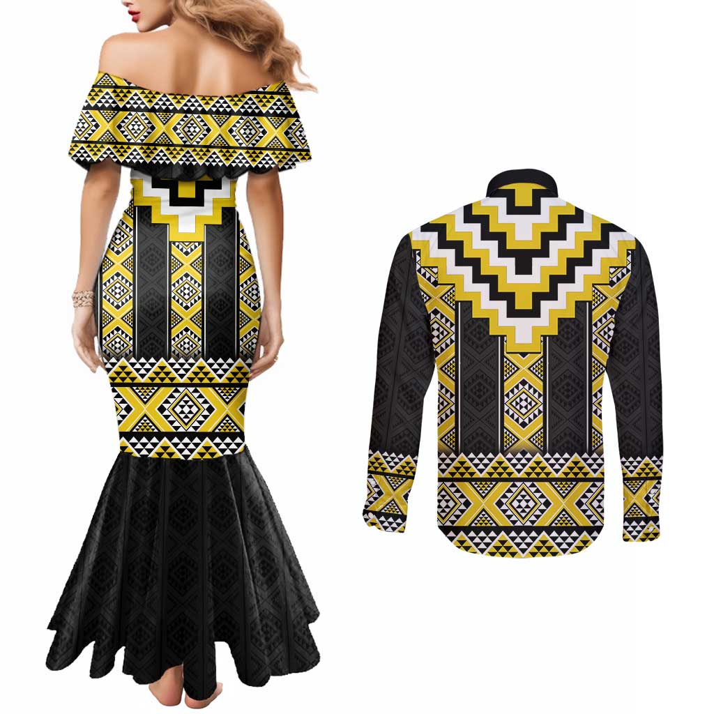 Yellow Taniko Aotearoa Couples Matching Mermaid Dress and Long Sleeve Button Shirt Niho Taniwha Mix Poutama LT14 - Polynesian Pride