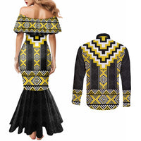 Yellow Taniko Aotearoa Couples Matching Mermaid Dress and Long Sleeve Button Shirt Niho Taniwha Mix Poutama LT14 - Polynesian Pride