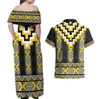 Yellow Taniko Aotearoa Couples Matching Off Shoulder Maxi Dress and Hawaiian Shirt Niho Taniwha Mix Poutama LT14 - Polynesian Pride