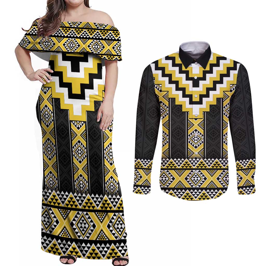 Yellow Taniko Aotearoa Couples Matching Off Shoulder Maxi Dress and Long Sleeve Button Shirt Niho Taniwha Mix Poutama LT14 Yellow - Polynesian Pride