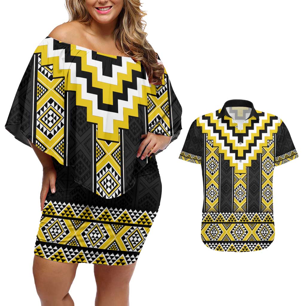 Yellow Taniko Aotearoa Couples Matching Off Shoulder Short Dress and Hawaiian Shirt Niho Taniwha Mix Poutama LT14 Yellow - Polynesian Pride