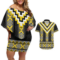 Yellow Taniko Aotearoa Couples Matching Off Shoulder Short Dress and Hawaiian Shirt Niho Taniwha Mix Poutama LT14 Yellow - Polynesian Pride