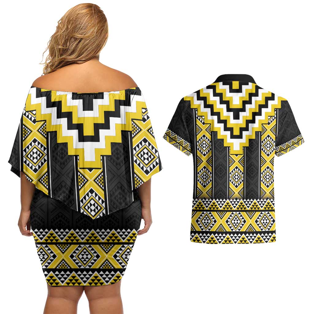 Yellow Taniko Aotearoa Couples Matching Off Shoulder Short Dress and Hawaiian Shirt Niho Taniwha Mix Poutama LT14 - Polynesian Pride