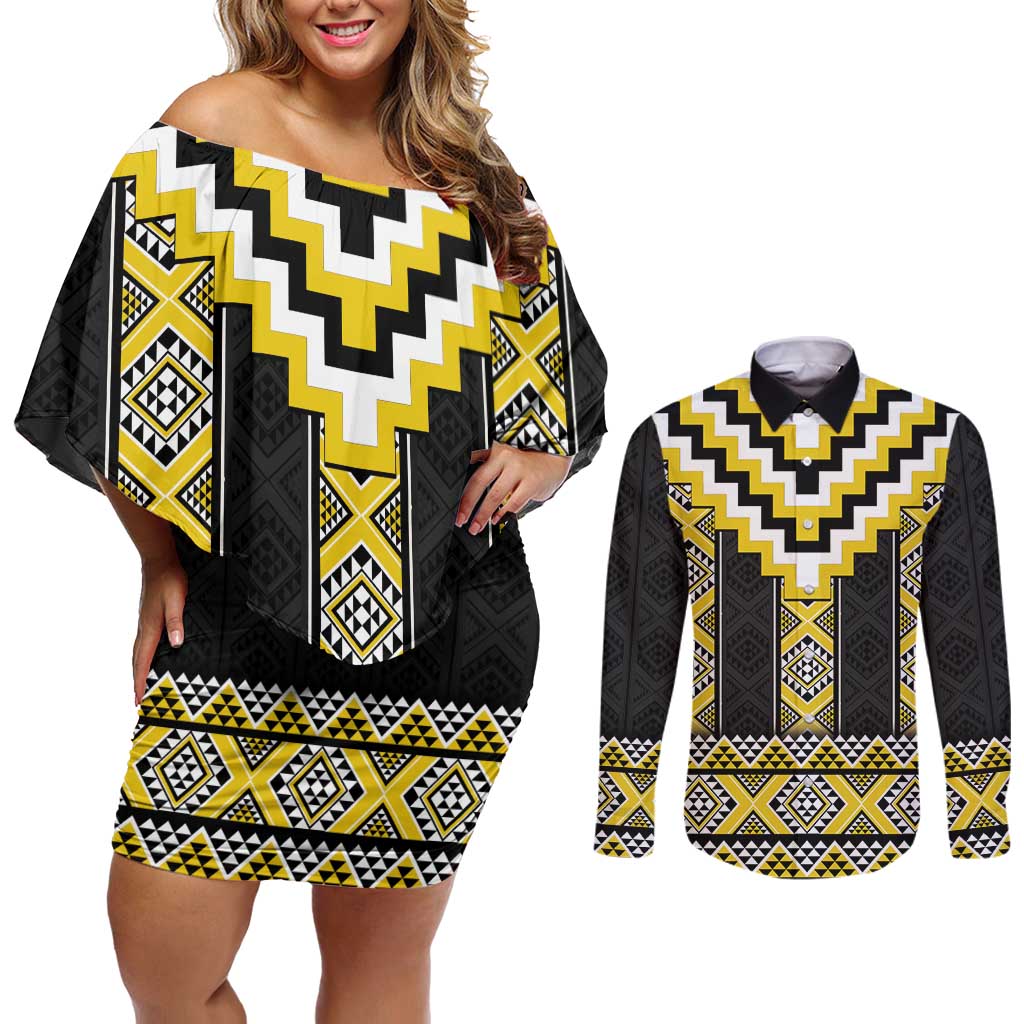 Yellow Taniko Aotearoa Couples Matching Off Shoulder Short Dress and Long Sleeve Button Shirt Niho Taniwha Mix Poutama LT14 Yellow - Polynesian Pride