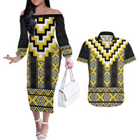 Yellow Taniko Aotearoa Couples Matching Off The Shoulder Long Sleeve Dress and Hawaiian Shirt Niho Taniwha Mix Poutama LT14 Yellow - Polynesian Pride
