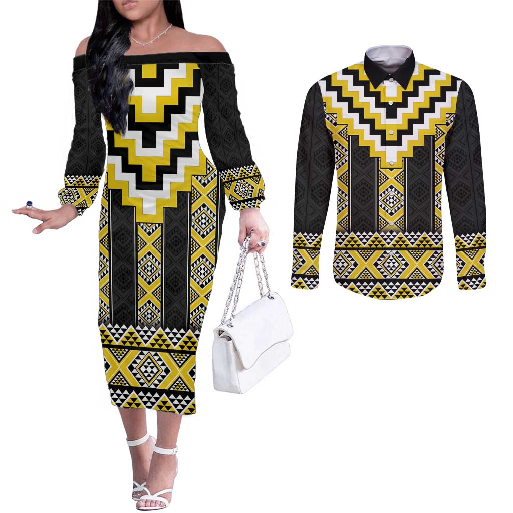 Yellow Taniko Aotearoa Couples Matching Off The Shoulder Long Sleeve Dress and Long Sleeve Button Shirt Niho Taniwha Mix Poutama LT14 Yellow - Polynesian Pride