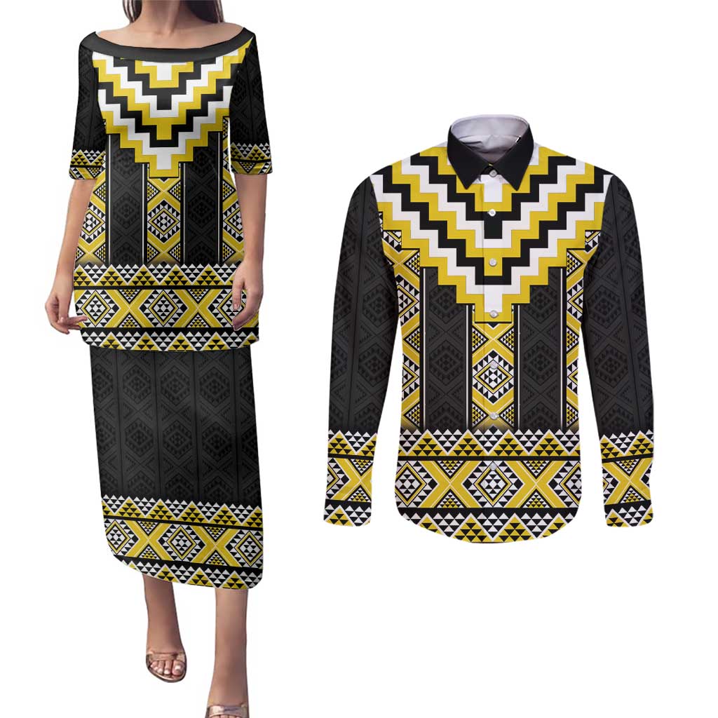 Yellow Taniko Aotearoa Couples Matching Puletasi and Long Sleeve Button Shirt Niho Taniwha Mix Poutama LT14 Yellow - Polynesian Pride
