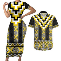 Yellow Taniko Aotearoa Couples Matching Short Sleeve Bodycon Dress and Hawaiian Shirt Niho Taniwha Mix Poutama LT14 Yellow - Polynesian Pride
