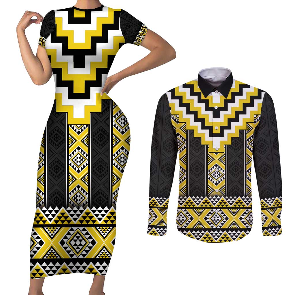 Yellow Taniko Aotearoa Couples Matching Short Sleeve Bodycon Dress and Long Sleeve Button Shirt Niho Taniwha Mix Poutama LT14 Yellow - Polynesian Pride