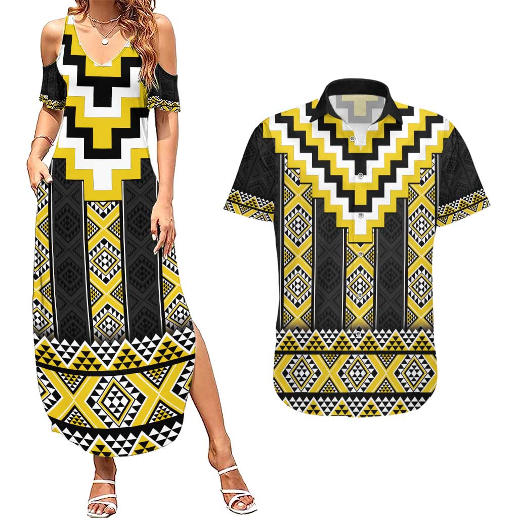 Yellow Taniko Aotearoa Couples Matching Summer Maxi Dress and Hawaiian Shirt Niho Taniwha Mix Poutama LT14 Yellow - Polynesian Pride