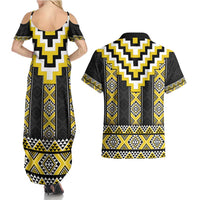 Yellow Taniko Aotearoa Couples Matching Summer Maxi Dress and Hawaiian Shirt Niho Taniwha Mix Poutama LT14 - Polynesian Pride