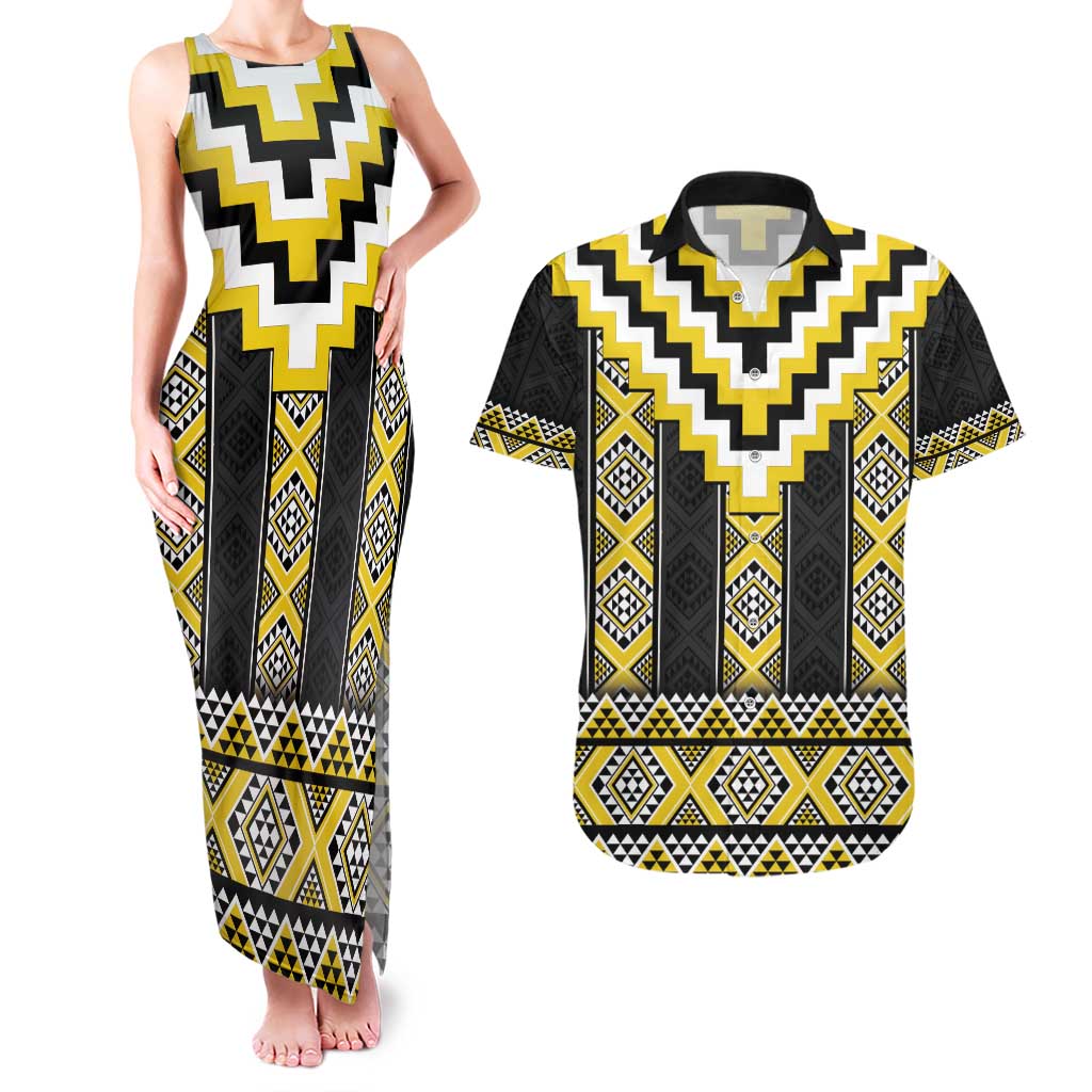 Yellow Taniko Aotearoa Couples Matching Tank Maxi Dress and Hawaiian Shirt Niho Taniwha Mix Poutama LT14 Yellow - Polynesian Pride