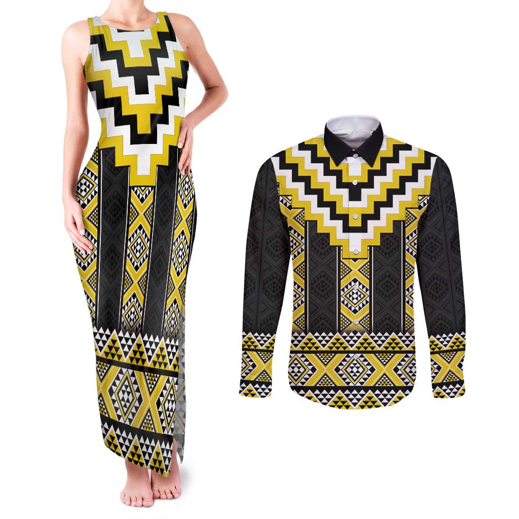 Yellow Taniko Aotearoa Couples Matching Tank Maxi Dress and Long Sleeve Button Shirt Niho Taniwha Mix Poutama LT14 Yellow - Polynesian Pride
