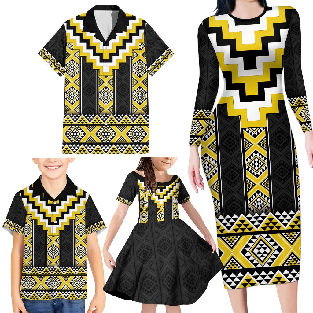 Yellow Taniko Aotearoa Family Matching Long Sleeve Bodycon Dress and Hawaiian Shirt Niho Taniwha Mix Poutama LT14 - Polynesian Pride