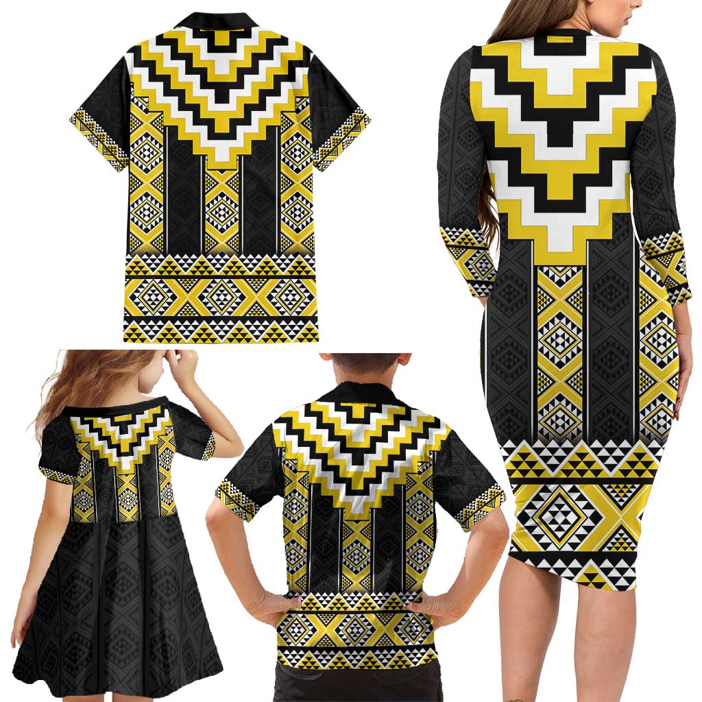 Yellow Taniko Aotearoa Family Matching Long Sleeve Bodycon Dress and Hawaiian Shirt Niho Taniwha Mix Poutama LT14 - Polynesian Pride