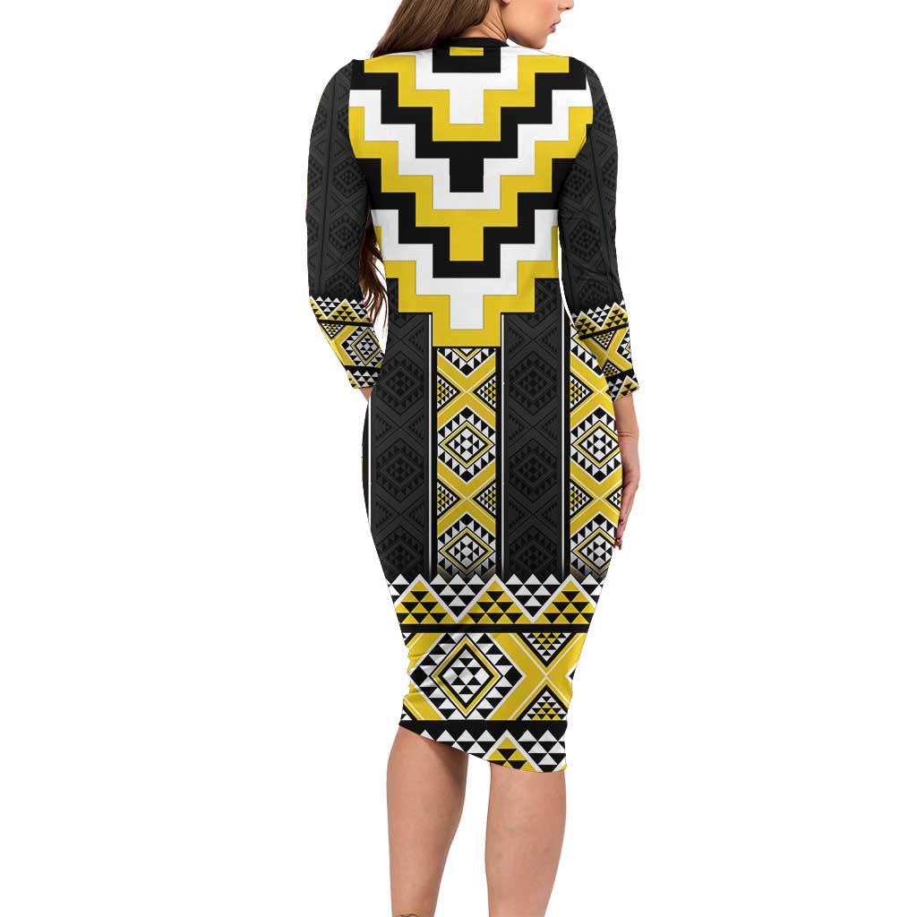 Yellow Taniko Aotearoa Family Matching Long Sleeve Bodycon Dress and Hawaiian Shirt Niho Taniwha Mix Poutama LT14 - Polynesian Pride