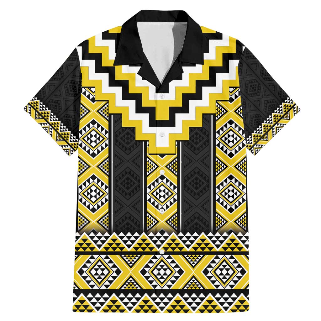 Yellow Taniko Aotearoa Family Matching Mermaid Dress and Hawaiian Shirt Niho Taniwha Mix Poutama LT14 Dad's Shirt - Short Sleeve Yellow - Polynesian Pride