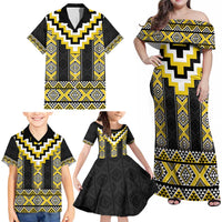Yellow Taniko Aotearoa Family Matching Off Shoulder Maxi Dress and Hawaiian Shirt Niho Taniwha Mix Poutama LT14 - Polynesian Pride
