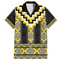Yellow Taniko Aotearoa Family Matching Off Shoulder Maxi Dress and Hawaiian Shirt Niho Taniwha Mix Poutama LT14 Dad's Shirt - Short Sleeve Yellow - Polynesian Pride