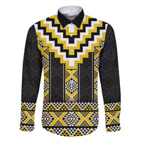 Yellow Taniko Aotearoa Family Matching Off Shoulder Short Dress and Hawaiian Shirt Niho Taniwha Mix Poutama LT14 Dad's Shirt - Long Sleeve Yellow - Polynesian Pride