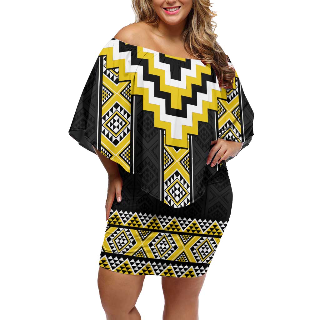 Yellow Taniko Aotearoa Family Matching Off Shoulder Short Dress and Hawaiian Shirt Niho Taniwha Mix Poutama LT14 Mom's Dress Yellow - Polynesian Pride