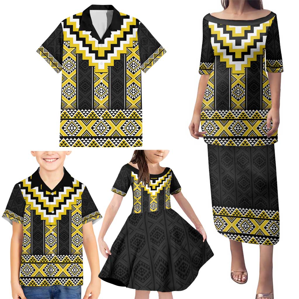 Yellow Taniko Aotearoa Family Matching Puletasi and Hawaiian Shirt Niho Taniwha Mix Poutama LT14 - Polynesian Pride