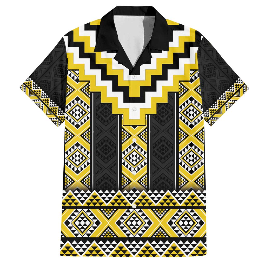 Yellow Taniko Aotearoa Family Matching Puletasi and Hawaiian Shirt Niho Taniwha Mix Poutama LT14 Dad's Shirt - Short Sleeve Yellow - Polynesian Pride