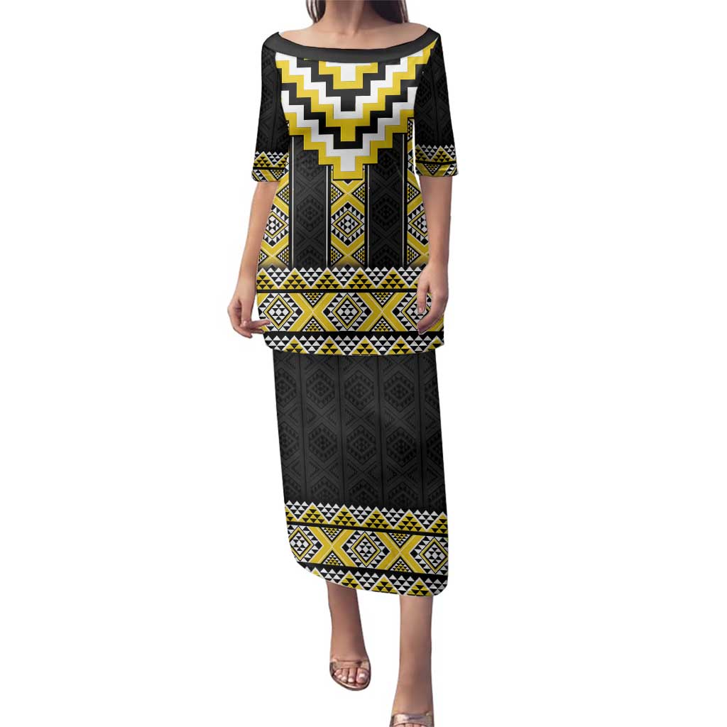 Yellow Taniko Aotearoa Family Matching Puletasi and Hawaiian Shirt Niho Taniwha Mix Poutama LT14 Mom's Dress Yellow - Polynesian Pride