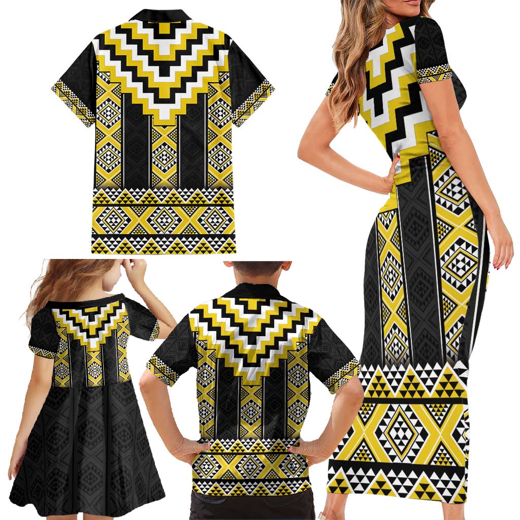 Yellow Taniko Aotearoa Family Matching Short Sleeve Bodycon Dress and Hawaiian Shirt Niho Taniwha Mix Poutama LT14 - Polynesian Pride