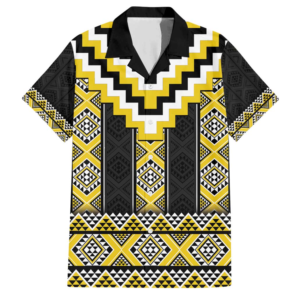Yellow Taniko Aotearoa Family Matching Short Sleeve Bodycon Dress and Hawaiian Shirt Niho Taniwha Mix Poutama LT14 Dad's Shirt - Short Sleeve Yellow - Polynesian Pride