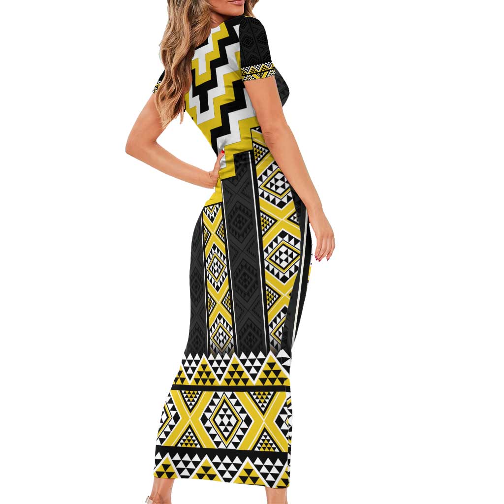 Yellow Taniko Aotearoa Family Matching Short Sleeve Bodycon Dress and Hawaiian Shirt Niho Taniwha Mix Poutama LT14 - Polynesian Pride