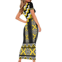 Yellow Taniko Aotearoa Family Matching Short Sleeve Bodycon Dress and Hawaiian Shirt Niho Taniwha Mix Poutama LT14 - Polynesian Pride
