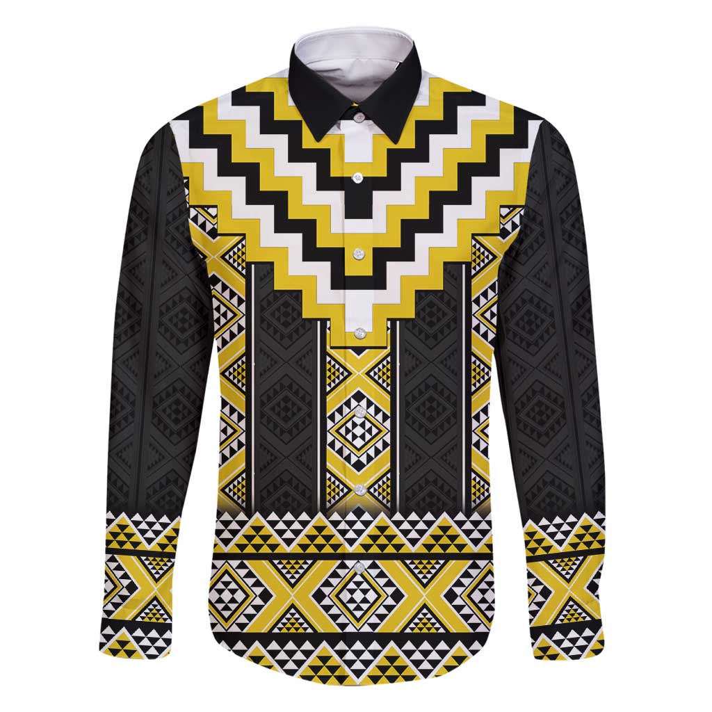 Yellow Taniko Aotearoa Family Matching Summer Maxi Dress and Hawaiian Shirt Niho Taniwha Mix Poutama LT14 Dad's Shirt - Long Sleeve Yellow - Polynesian Pride