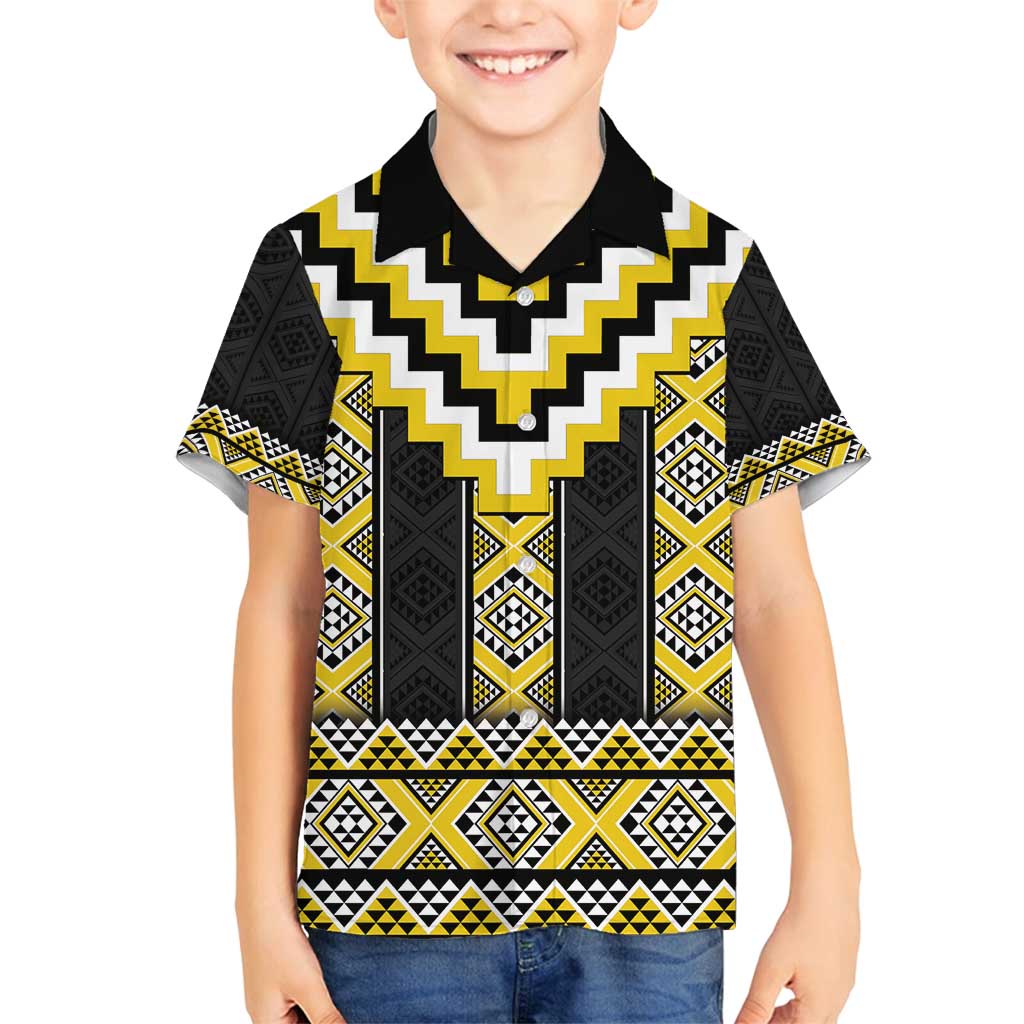 Yellow Taniko Aotearoa Family Matching Summer Maxi Dress and Hawaiian Shirt Niho Taniwha Mix Poutama LT14 Son's Shirt Yellow - Polynesian Pride