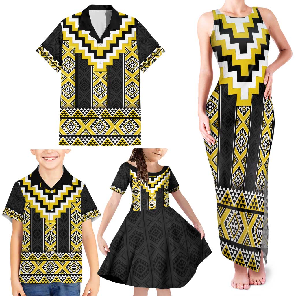 Yellow Taniko Aotearoa Family Matching Tank Maxi Dress and Hawaiian Shirt Niho Taniwha Mix Poutama LT14 - Polynesian Pride